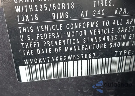 2016 Volkswagen Tiguan Se z USA, uszkodzony, nr VIN WVGAV7AX6GW537887